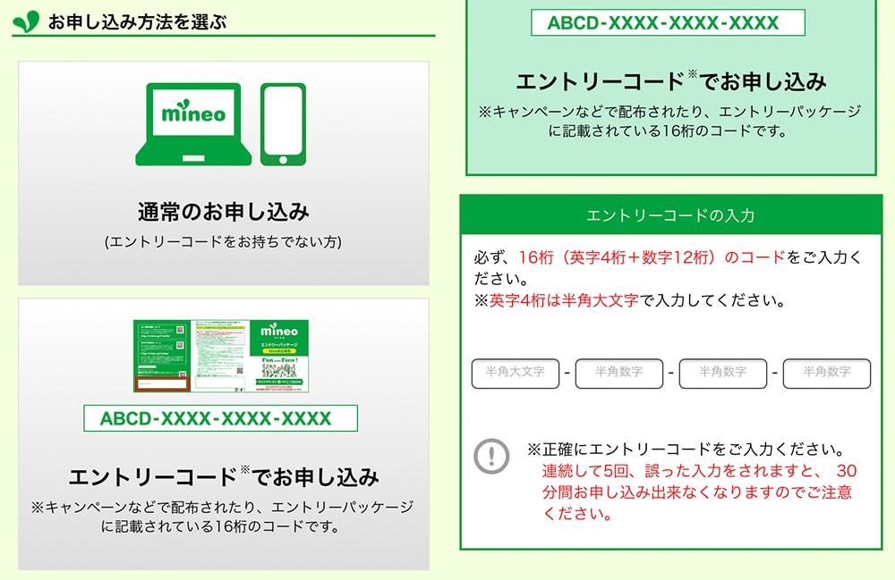 マイネオの「エントリーコード入力」画面