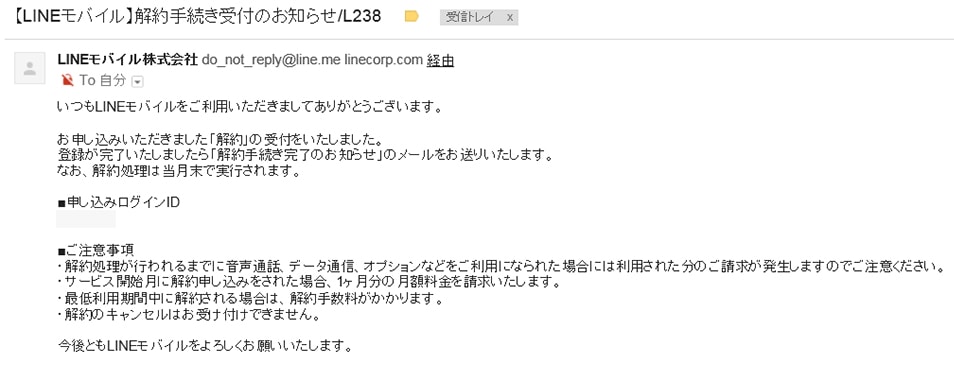 LINEモバイルの解約後に届くメール画像