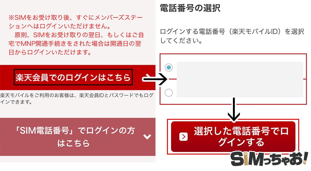 楽天モバイルのメーンバーズログイン画面