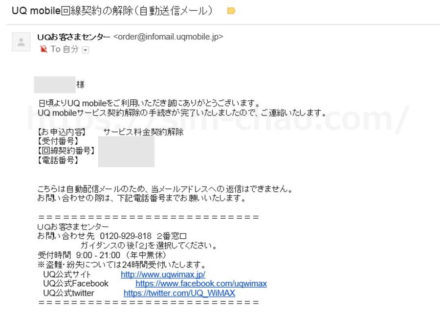 UQモバイルの回線契約解除の案内メールの画像