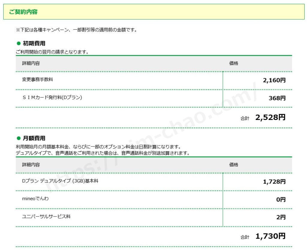 マイネオプラン変更の最終確認の画像