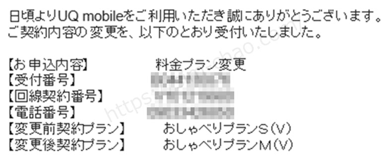 UQモバイルのプラン変更完了メールの画像